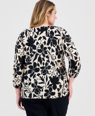 Plus Size Printed V-Neck Jacquard Top, Macy's Exclusive
