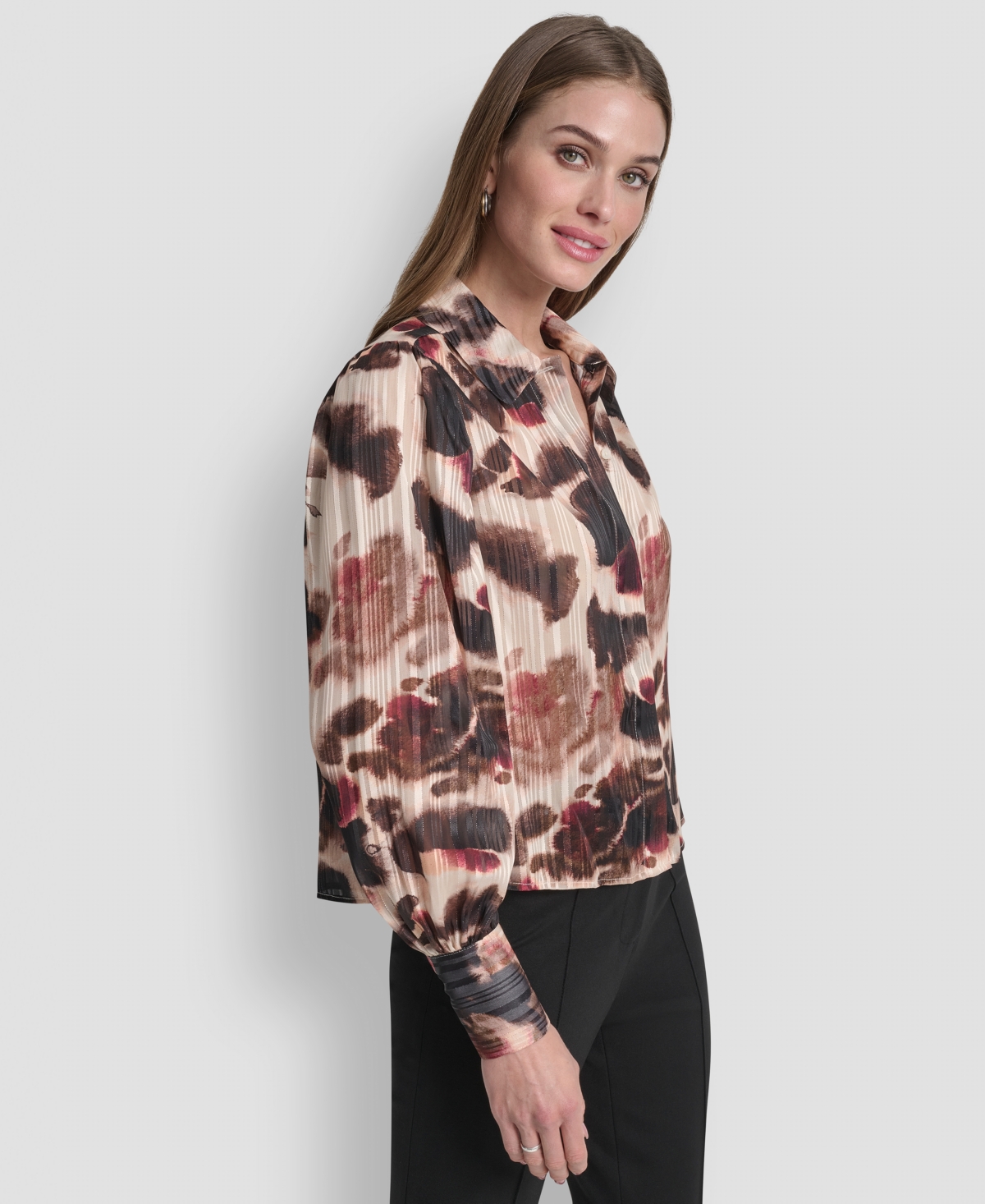 Dkny Women's Covered Placket Long Balloon Sleeve Woven Blouse