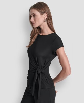 Women's Short Sleeve Rib Knit Waist Tie Detail Top