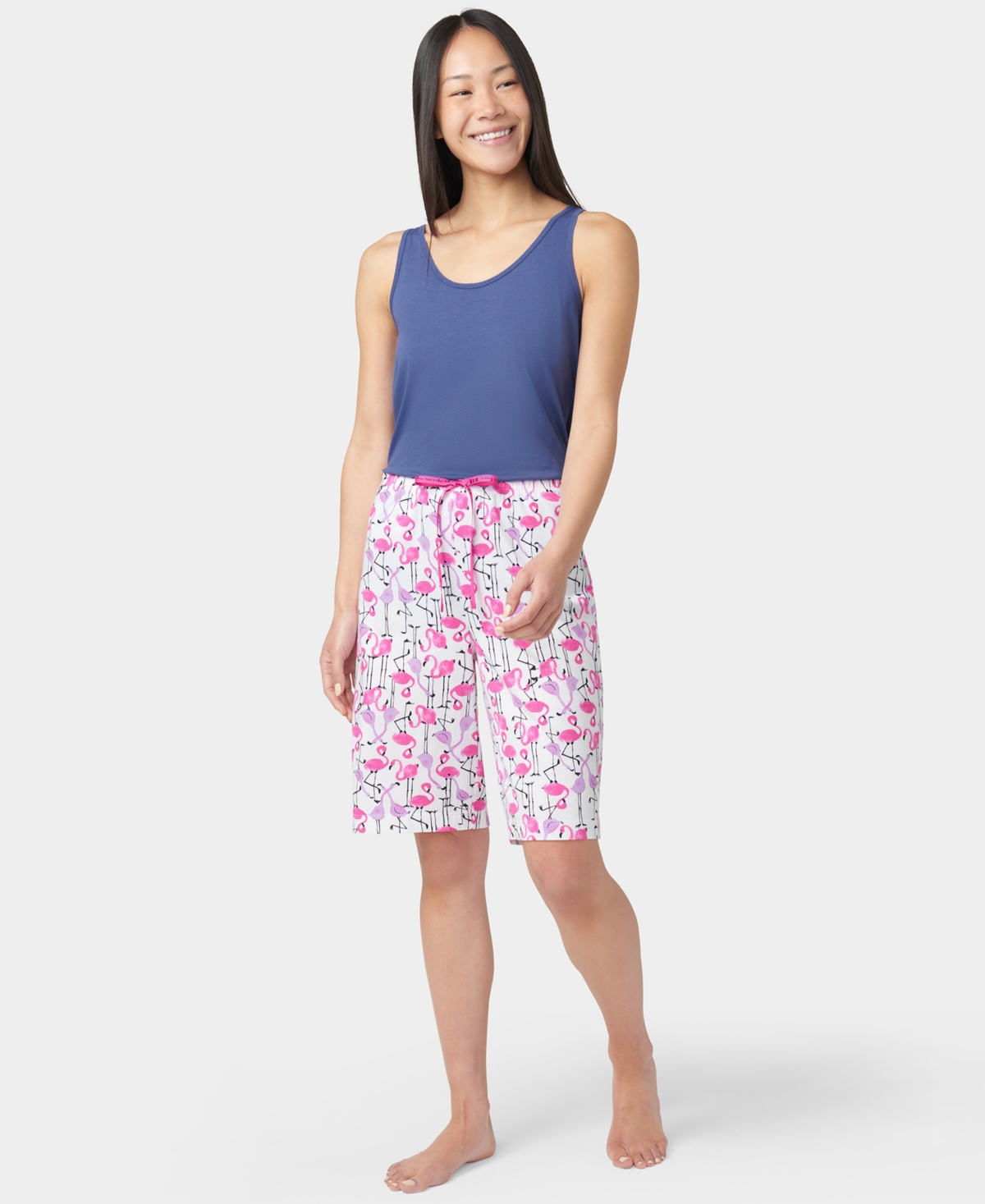 Hue Women's Flamingo Strut Drawstring Bermuda Pajama Shorts In White