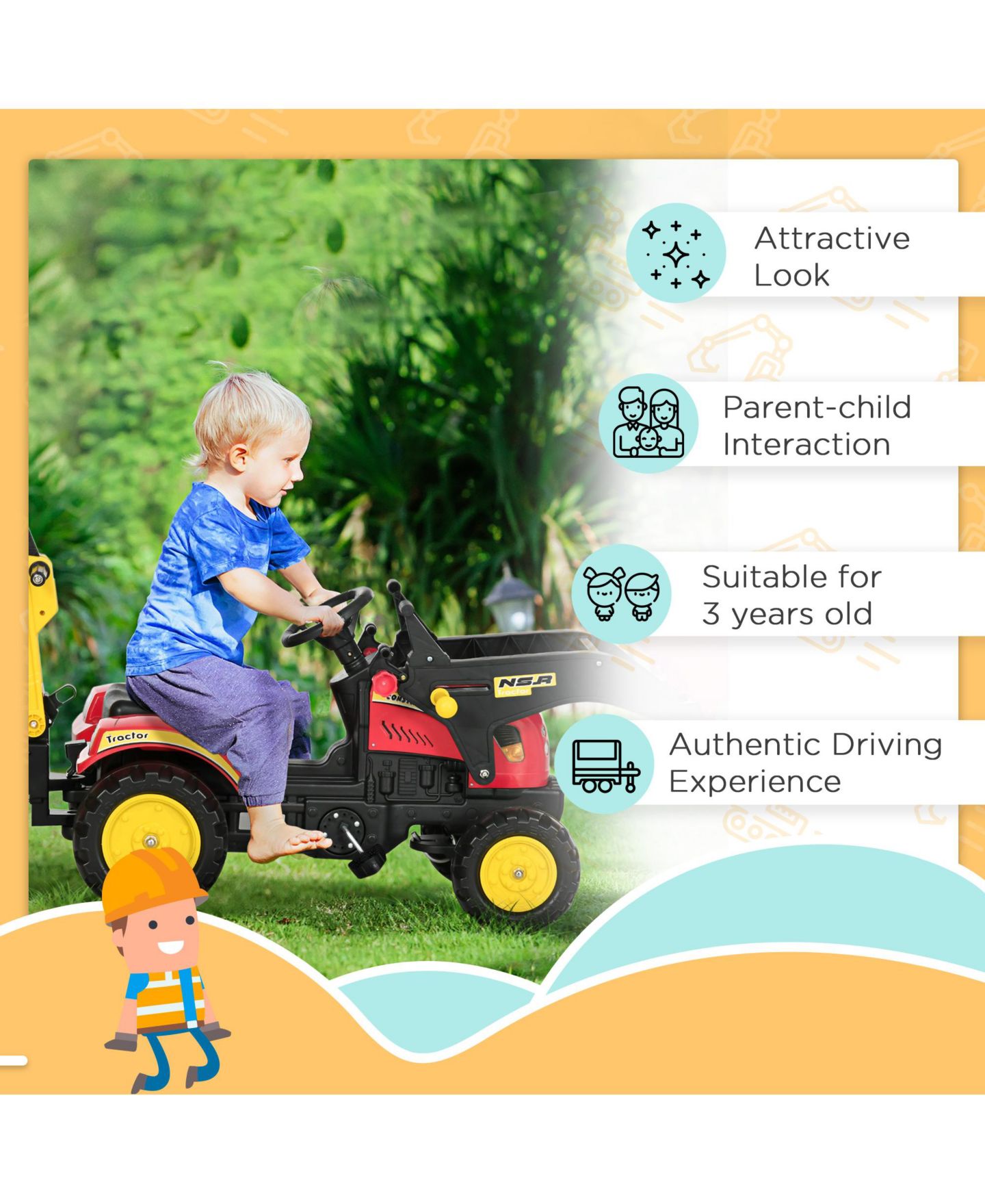 Детская игрушка Aosom Pedal Excavator Ride-On Toy, 70.5"L x 16.5"W x 23.25"H, 77 lbs Capacity, Ages 3+ — фото 4