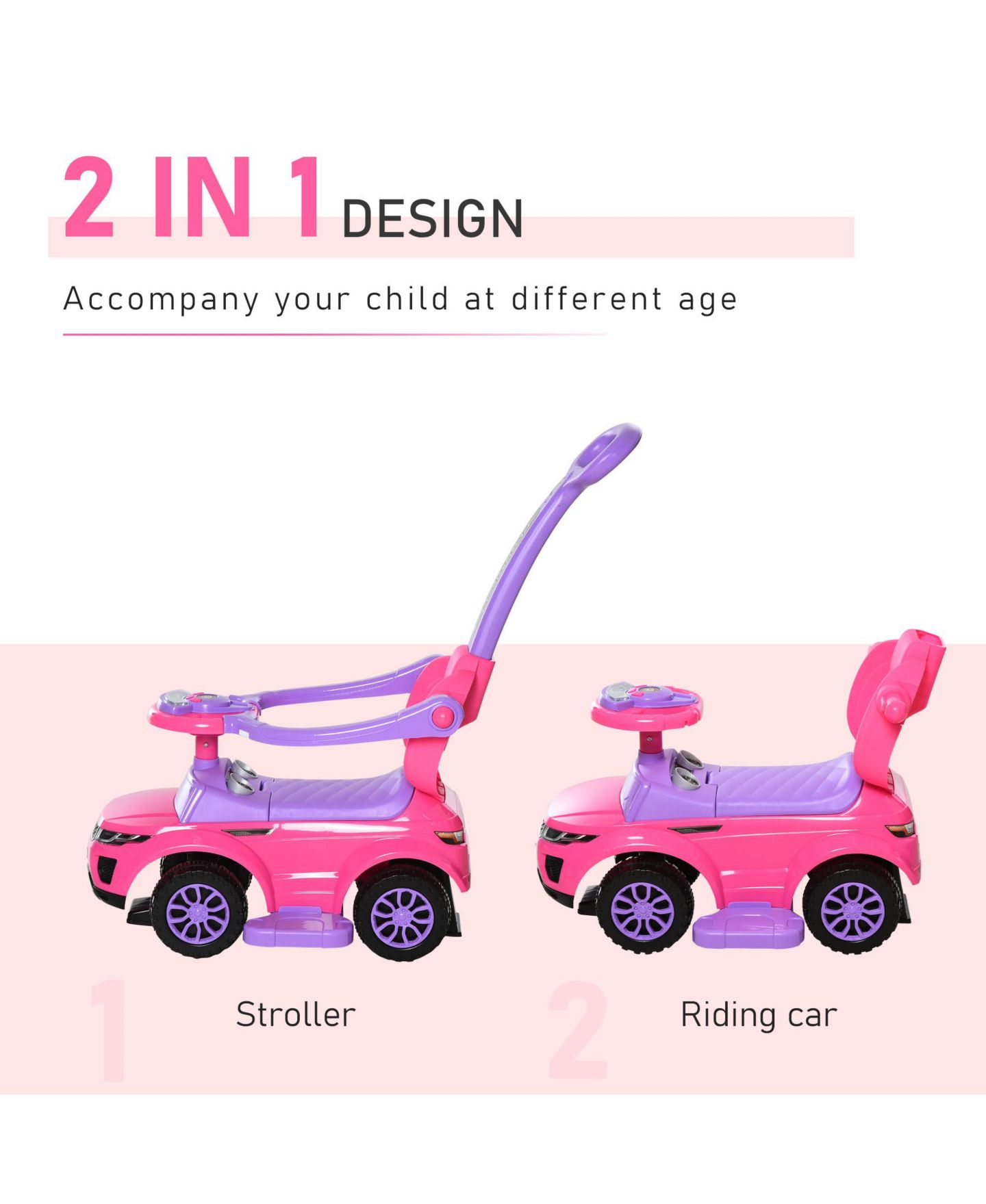 Детская игрушка Aosom 3 in 1 Push Car with Horn and Music Stroller, 55 Lbs., Ages 18-36 Months — фото 4