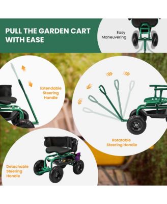 Rolling Garden Cart Height Adjustable Scooter with Swivel Seat & Tool Storage