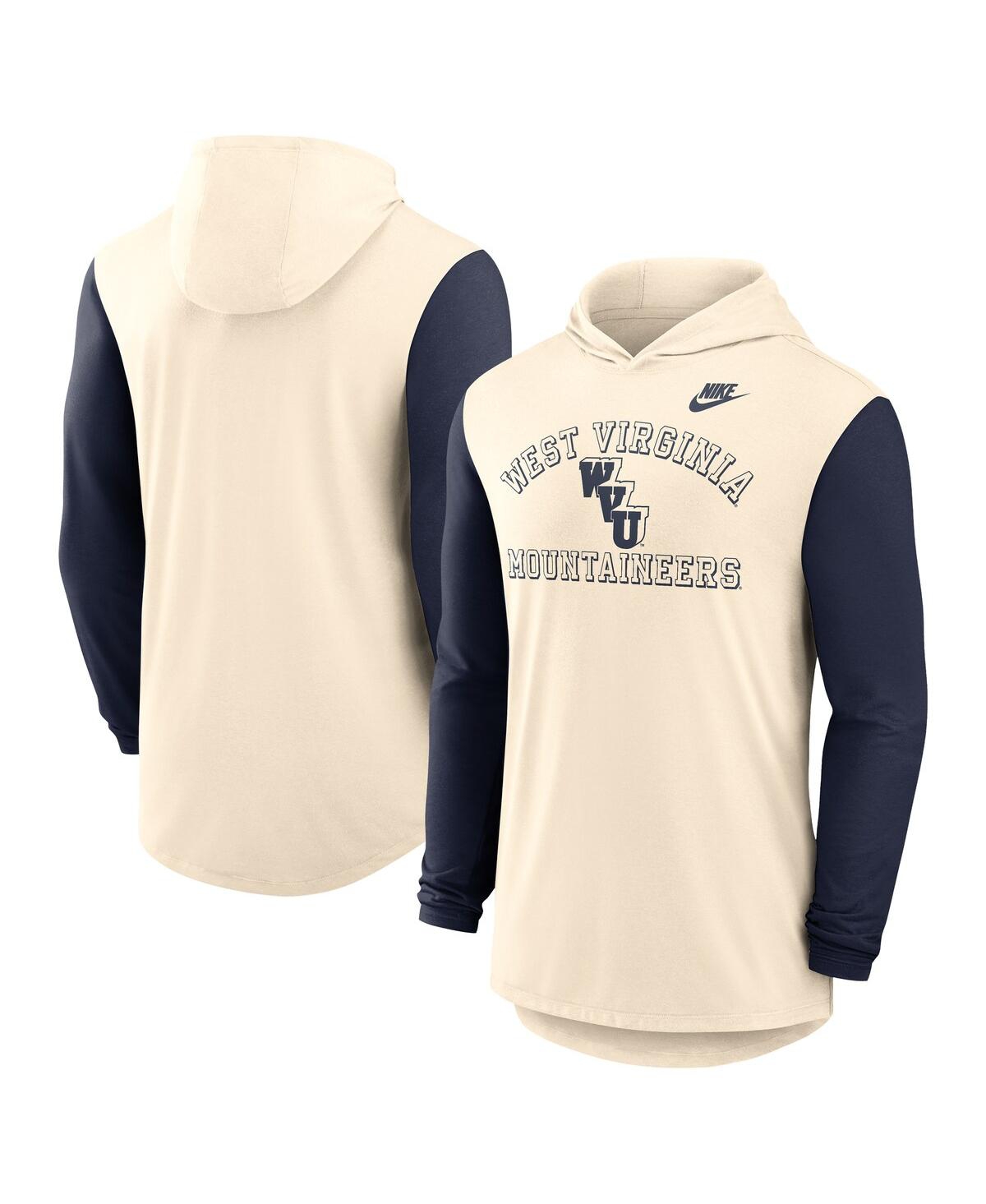 Men's Natural/Navy West Virginia Mountaineers Legacy Color-Block Tri-Blend Performance Long Sleeve Hoodie T-Shirt - Natural, Navy
