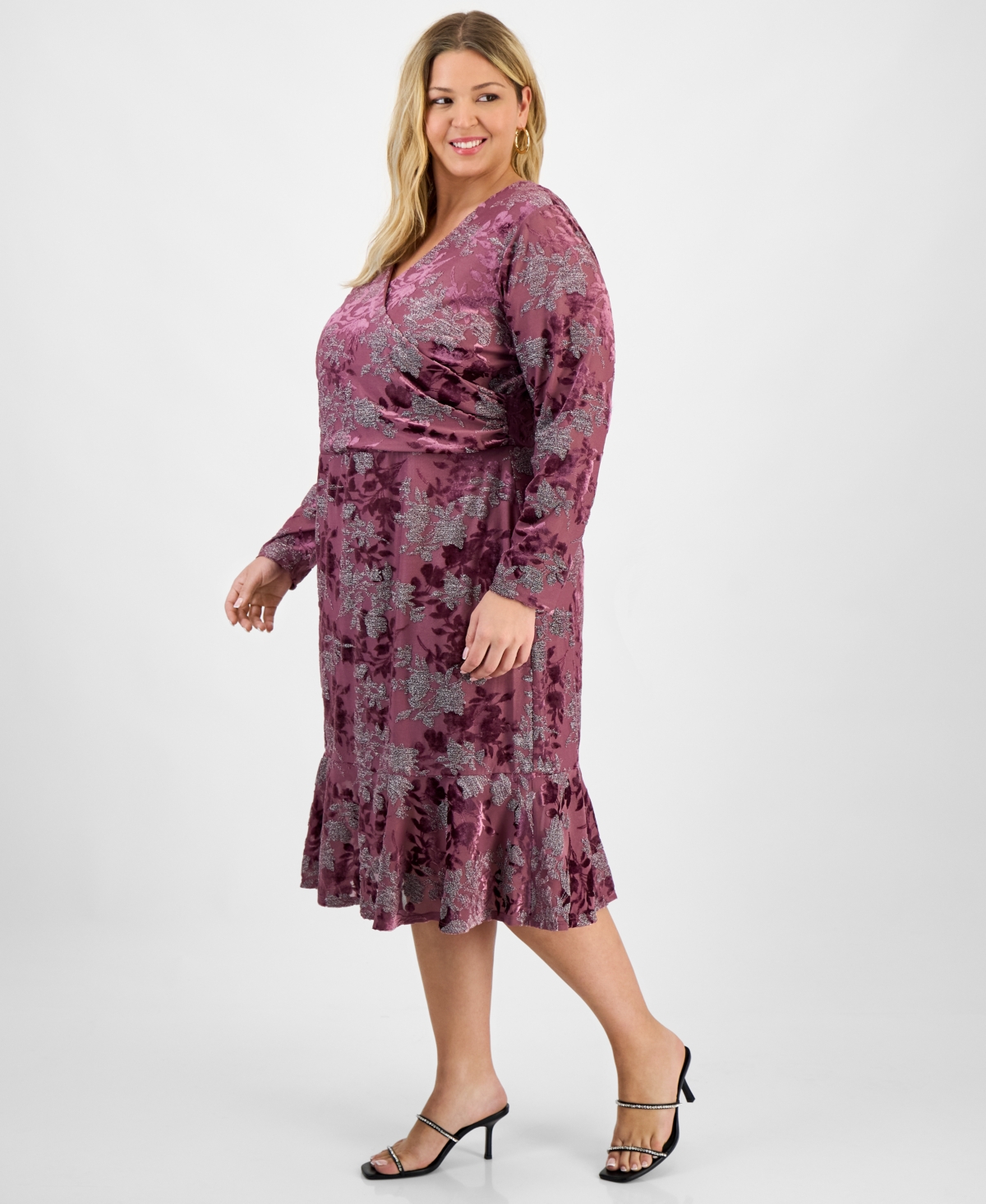 London Times Plus Size Floral Long-sleeve Flounce-hem Midi Dress In Pink