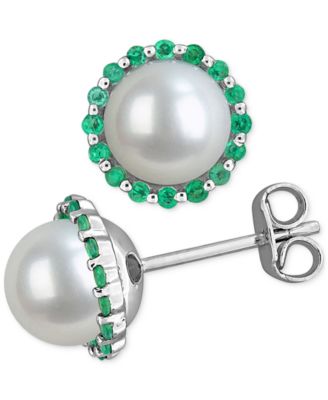 Macy's - Cultured Freshwater Pearl (7mm) & Emerald (3/8 ct. t.w.) Halo Stud Earrings in Sterling Silver