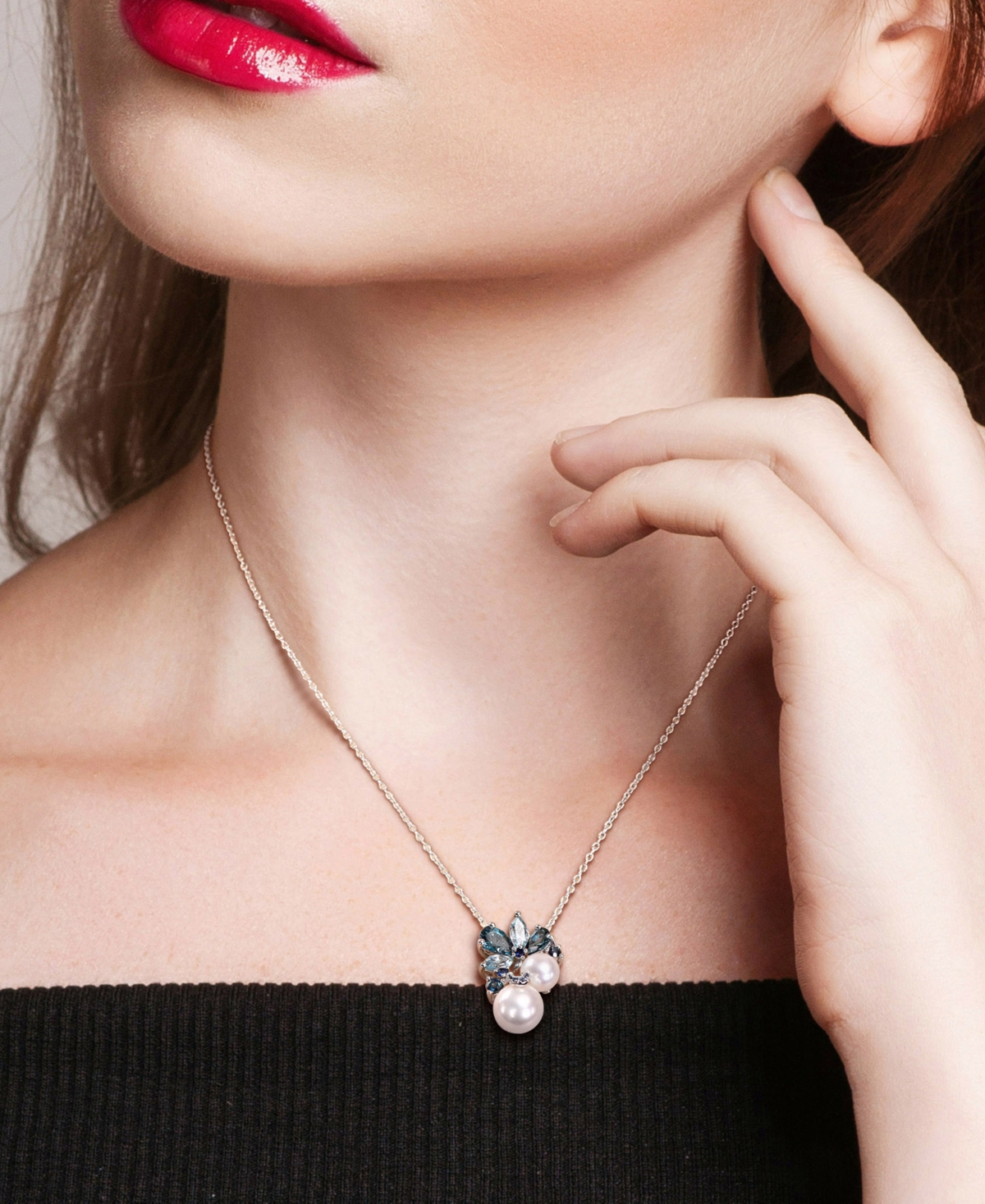 Macy's Cultured Freshwater Pearl (7 & 8-1/2mm), Blue Topaz (2-1/3 Ct. T.w.) & Sapphire (3/8 Ct. T.w.) Clust In Multi