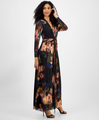 Women's Printed Twist-Front Long-Sleeve Maxi Dress