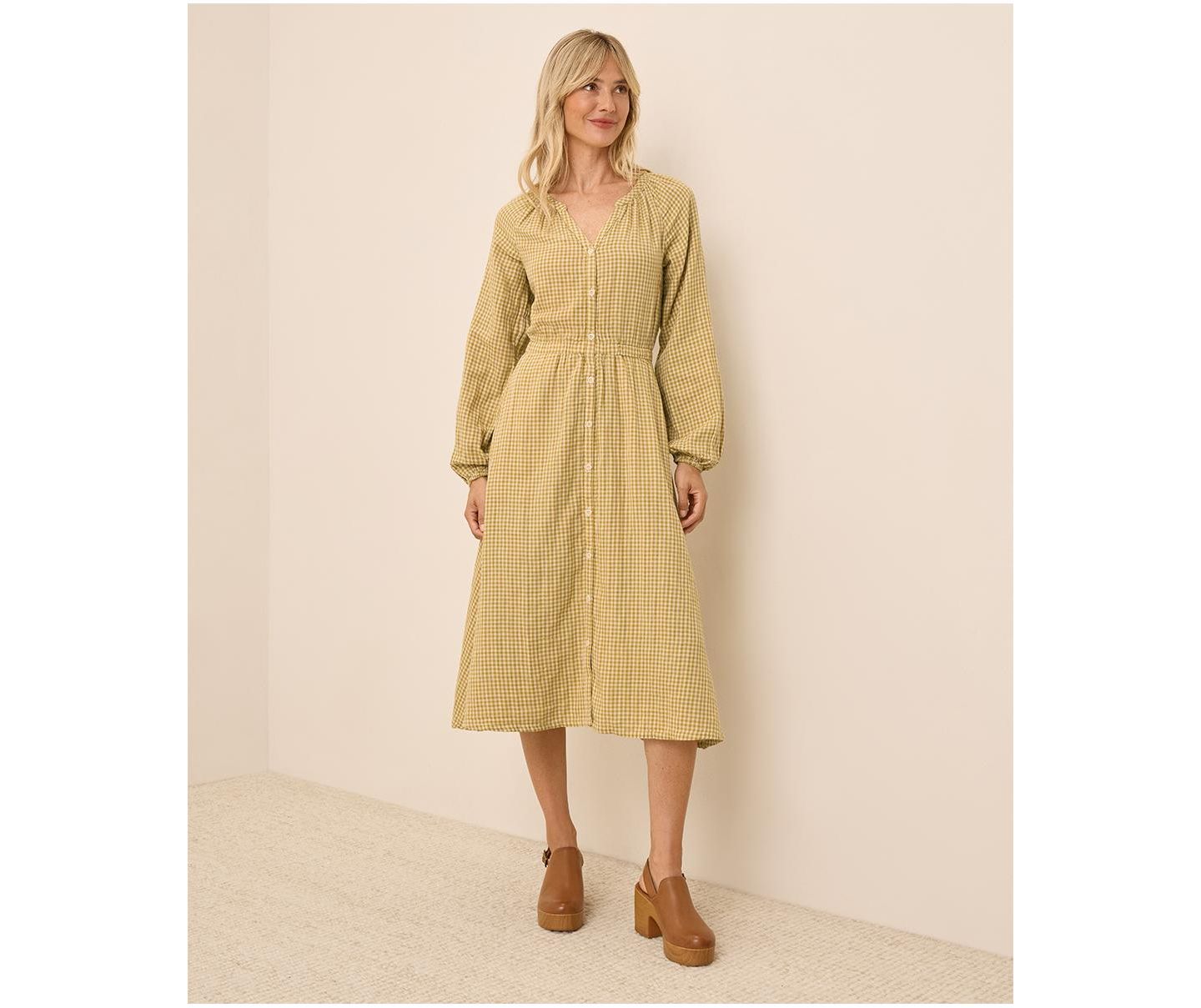 Женское платье Pact Organic Cotton Coastal Double Gauze Poet Sleeve, цвет: Золотой в мелкую клетку — фото 1