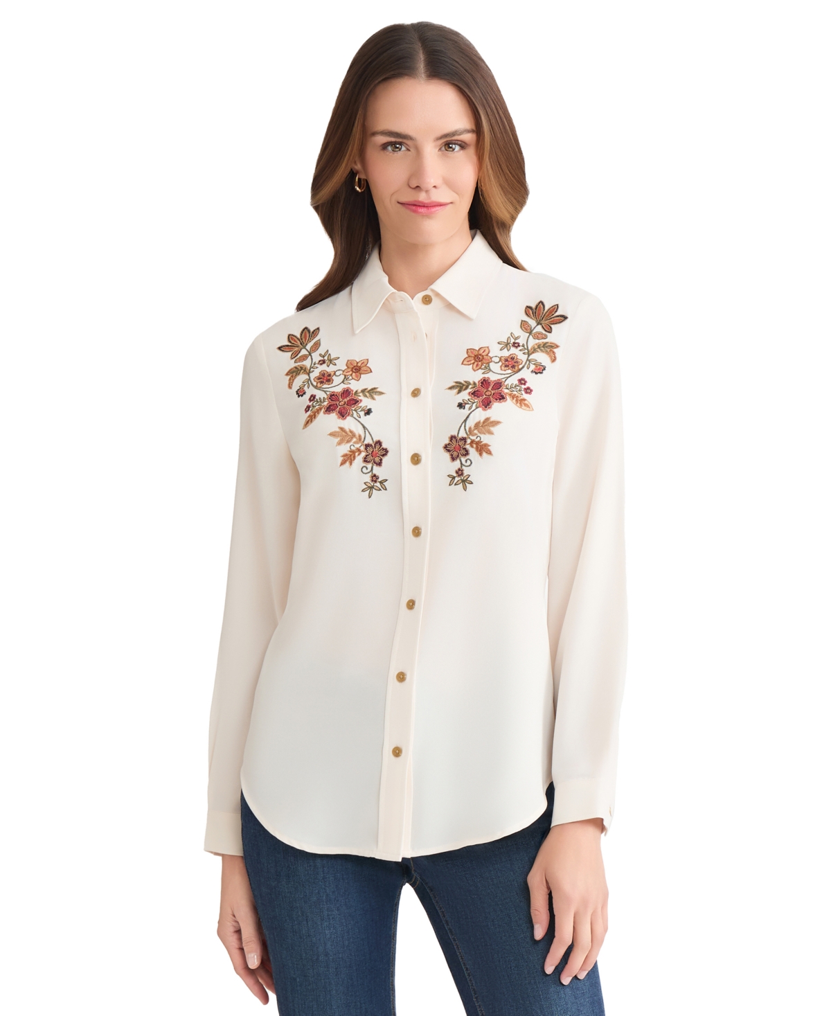 Jones New York Embroidered Yoke Button-up Shirt In Brown
