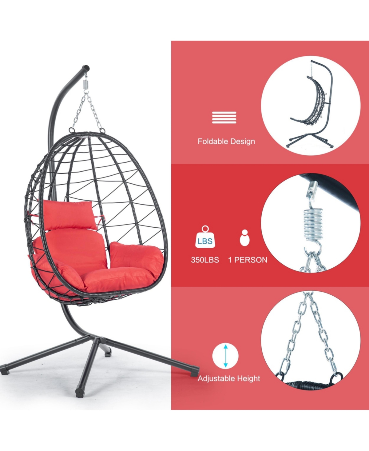 Egg Chair with Stand Indoor Outdoor Swing Chair Patio Wicker Hanging Egg Chair Hanging Basket Chair Hammock Chair with Stand for Bedroom Living Room B