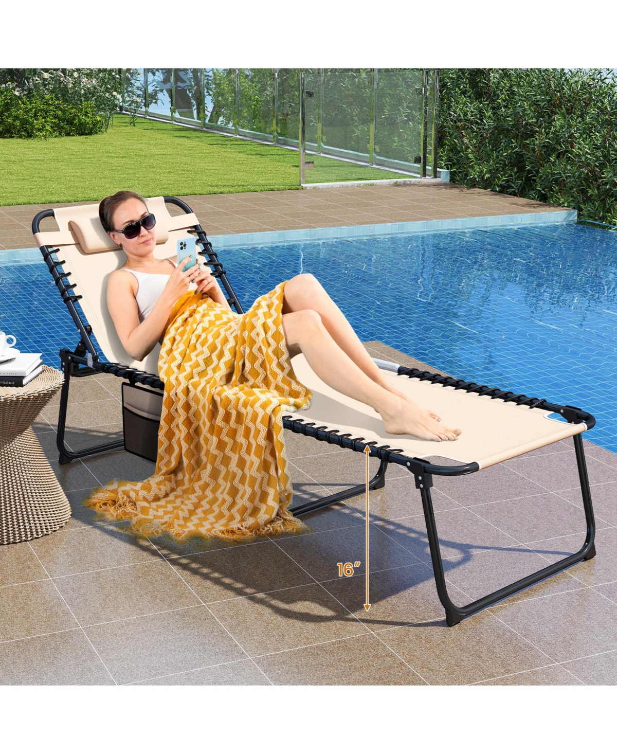 Gymax Oversize Folding Chaise Lounge w/ Adjustable Backrest Detachable Pillow Pocket