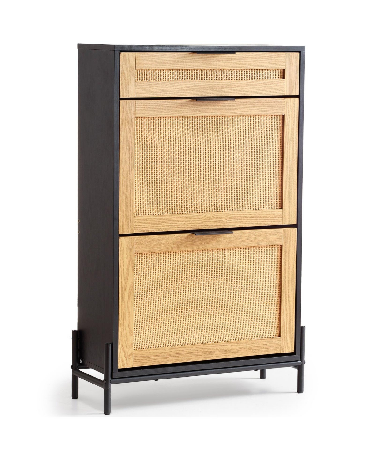 Narrow Rattan Shoe Cabinet with 2 Flip Drawers and 1 Slide Drawer, Metal Legs - Black