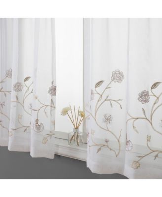 Complete 3 Piece Embroidered Shabby Floral Roses Sheer Cafe Kitchen Curtain Tier & Valance Set - Neutral/Linen