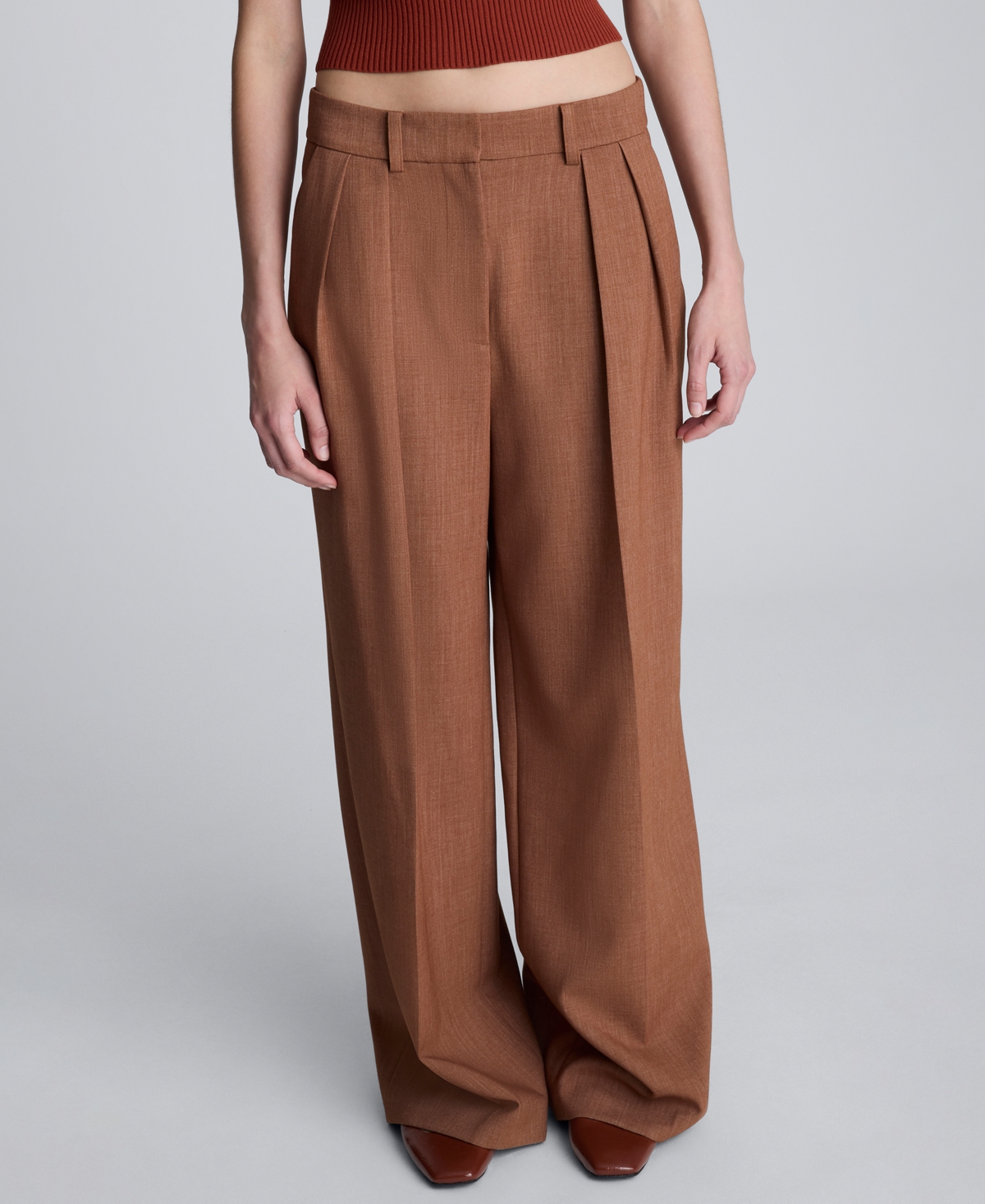 Kenneth Cole Melange High Rise Fly Front Double Pleat Wide Leg Pant In Brown