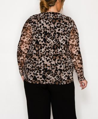 Plus Size Leopard Mesh Scoop Neck Long Sleeve Top