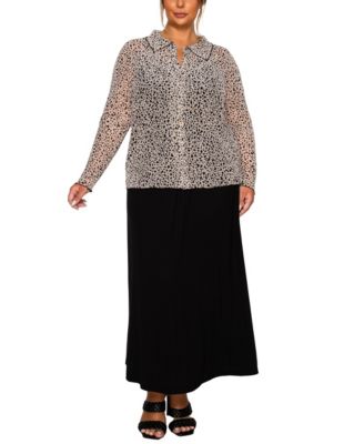 Coin1804 Plus Size Pebble Mesh Button Front Long Sleeve Shirt 