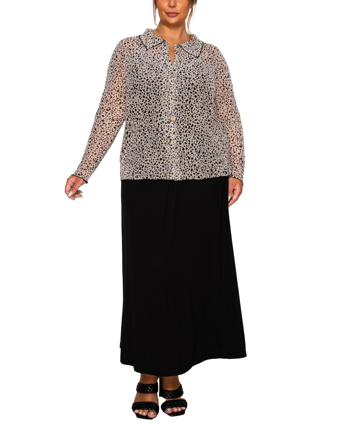 Coin 1804 Plus Size Leopard Mesh Button Front Long Sleeve Top In Brown