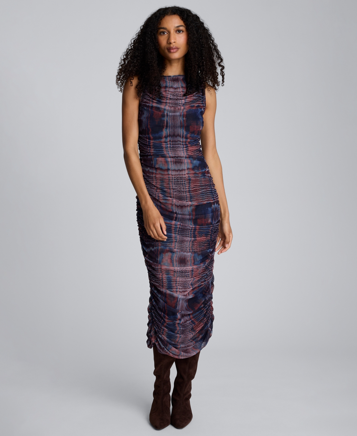 Kenneth Cole Printed Mesh Fully Ruched Modern Midi Dress In Multi