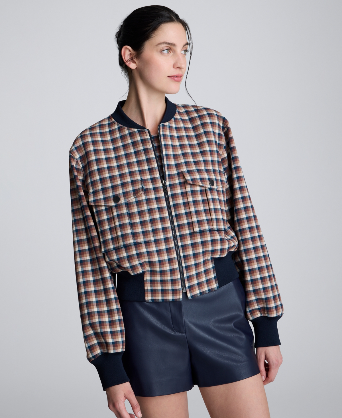 Kenneth Cole Check Patch Pocket Cropped Bomber In Brown