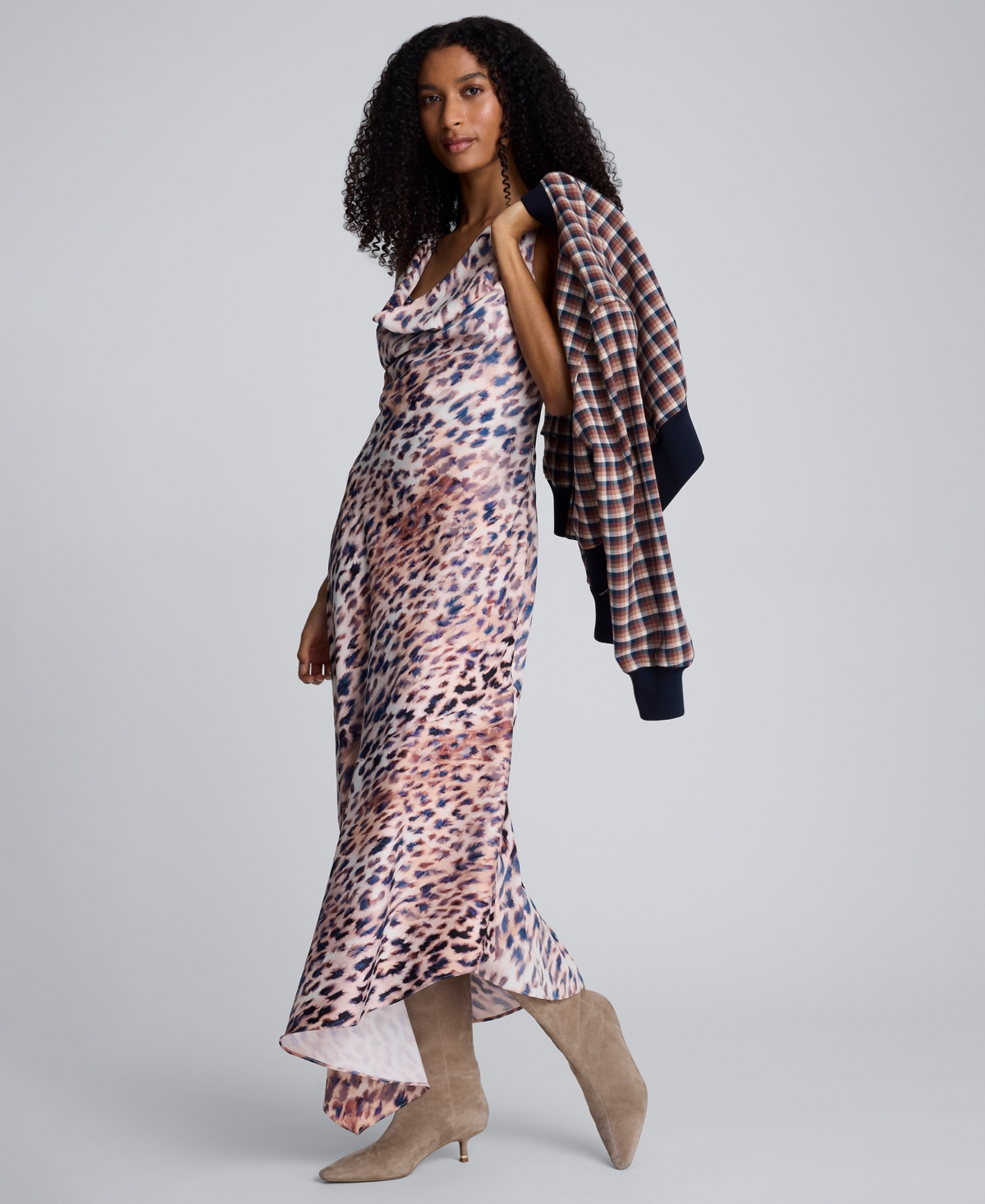 Kenneth Cole Abstract Animal Print Cowl Neck Asymmetric Dress In Pink
