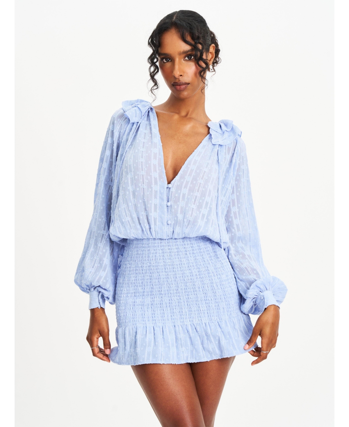 Women Zahari Blue Smock Bottom Balloon Sleeve Mini Dress - Blue