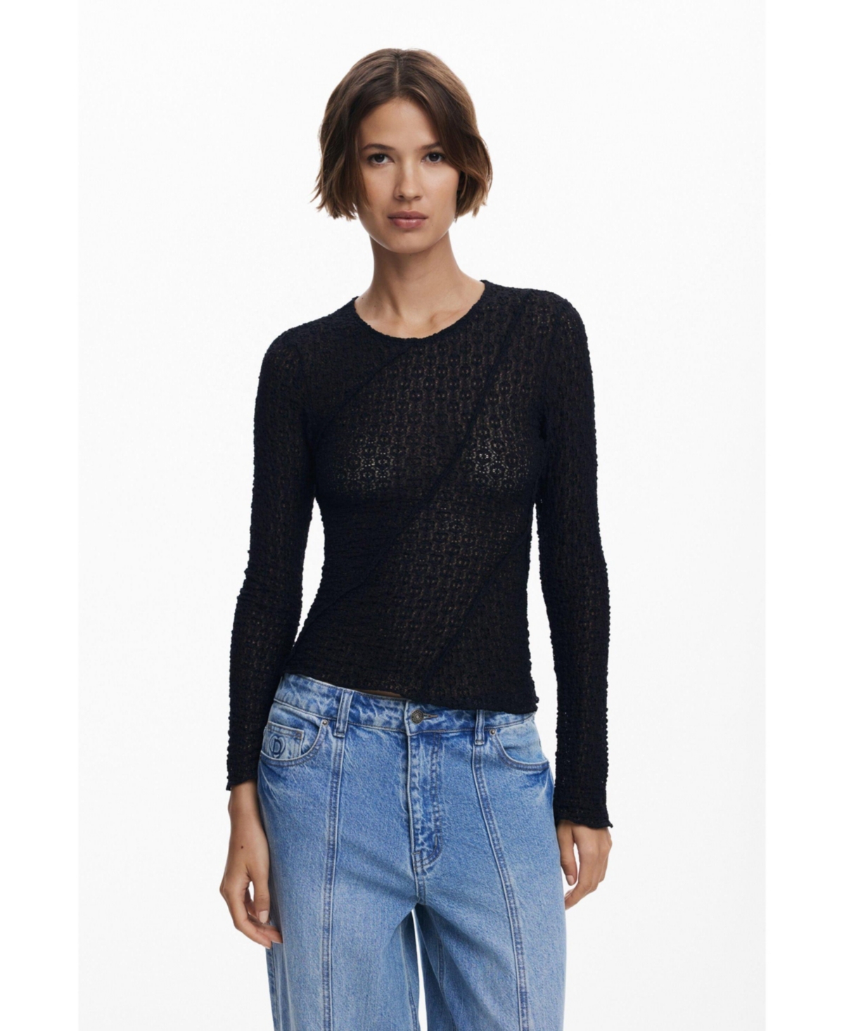 Desigual Stretch Lace T-shirt Long Sleeve T-shirt In Black