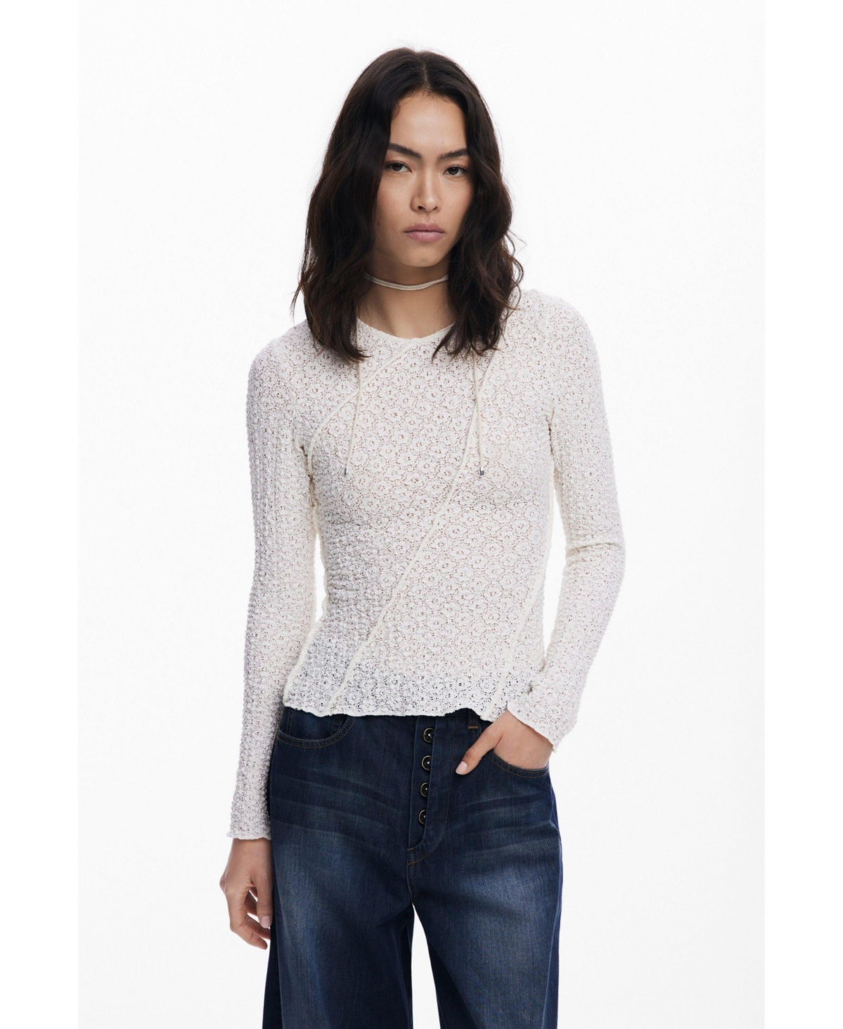 Desigual Stretch Lace T-shirt Long Sleeve T-shirt In White