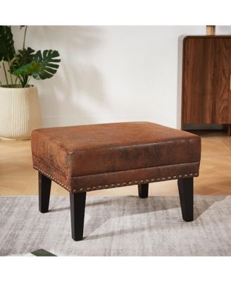 Vintage Upholstered Ottoman with Nailhead Trim, Distressed Brown Footstool with Solid Wood Legs-The Pop Home