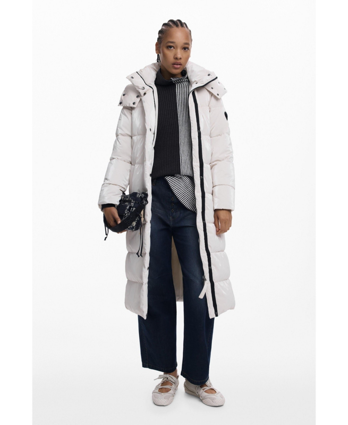 Desigual Quilted Puffer Longline Coat With Removable Hood In White