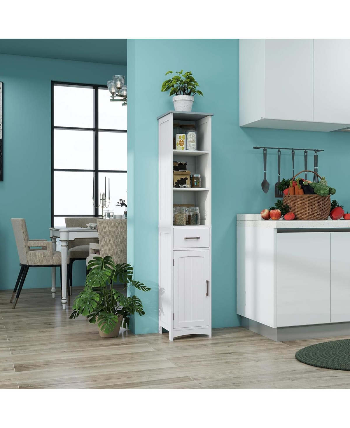 Vanirror Tall Freestanding Storage Cabinet - 13 x 64 Inches, Grey Top with Matte White Finish, Adjustable Shelves & Anti-Fall Drawer Guides