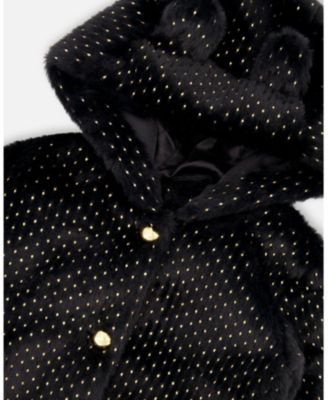 Girl Bear Faux Fur Coat Black with Gold Polka Dots - Toddler|Child