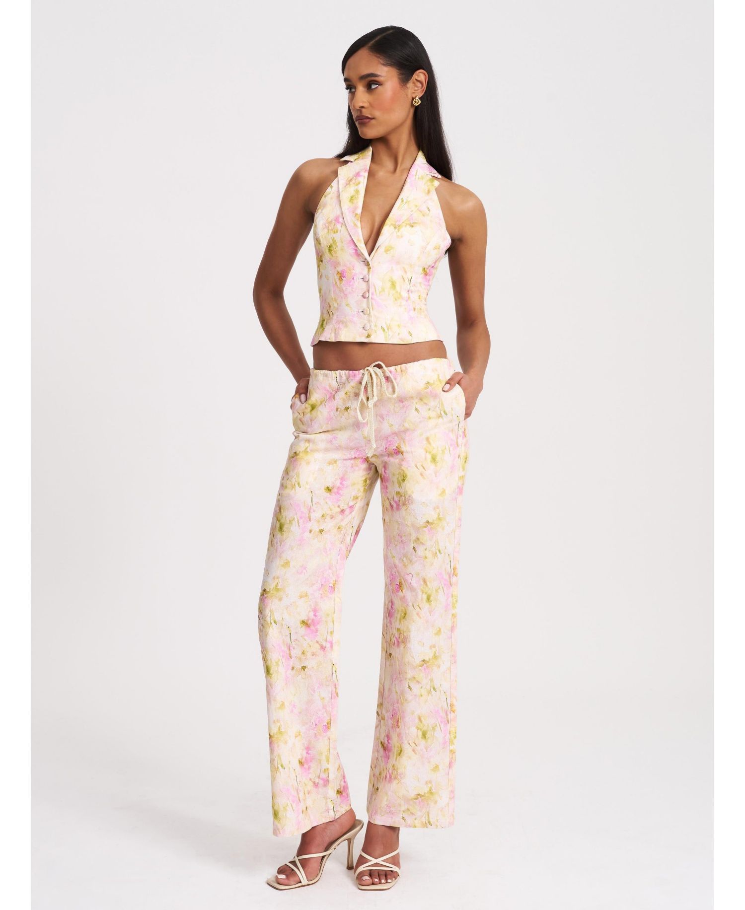 Women Lauren Pink Floral Print Ruched Back Linen Suit Vest