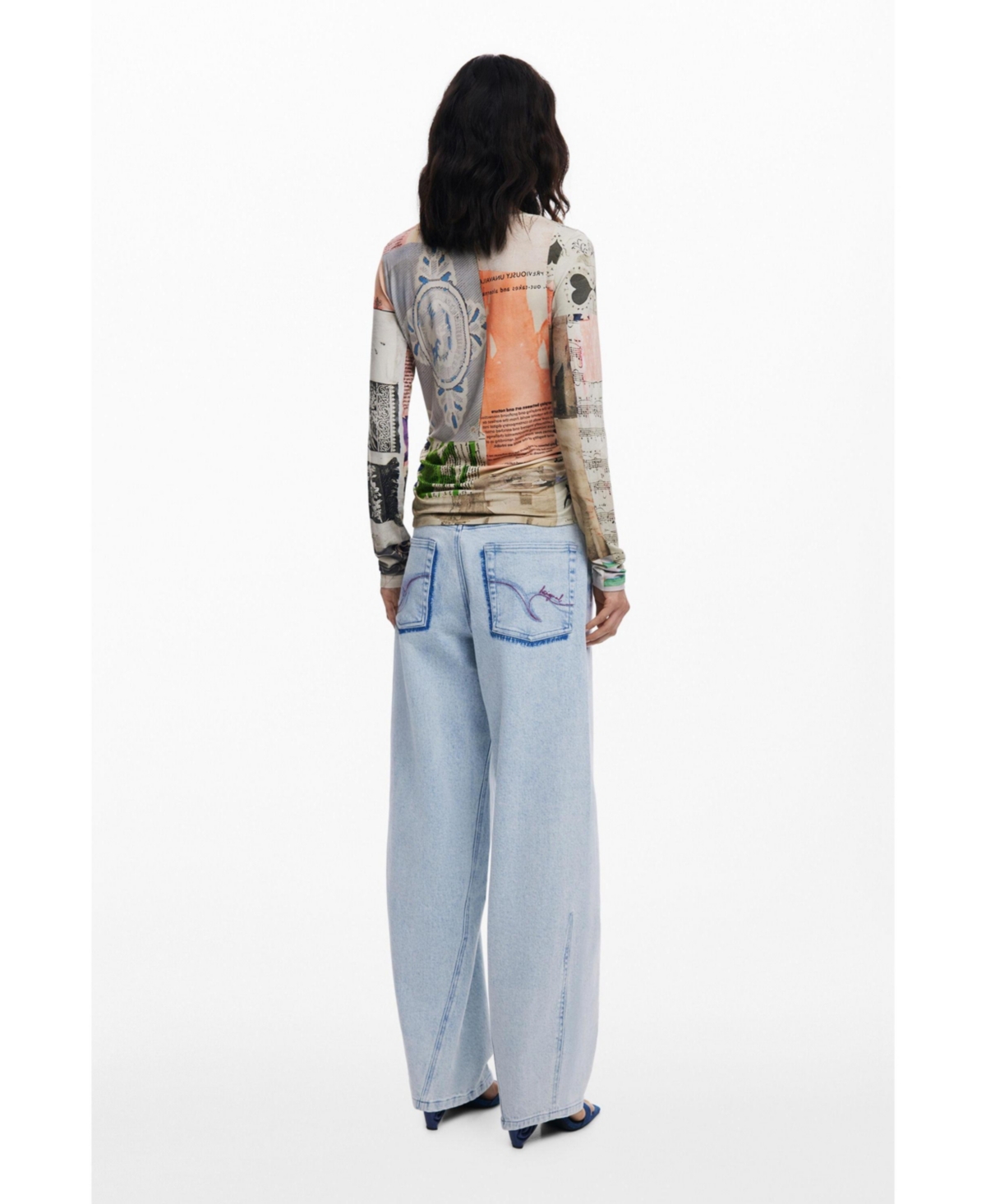 Desigual Pieced Print Long Sleeve T-shirt In Blue