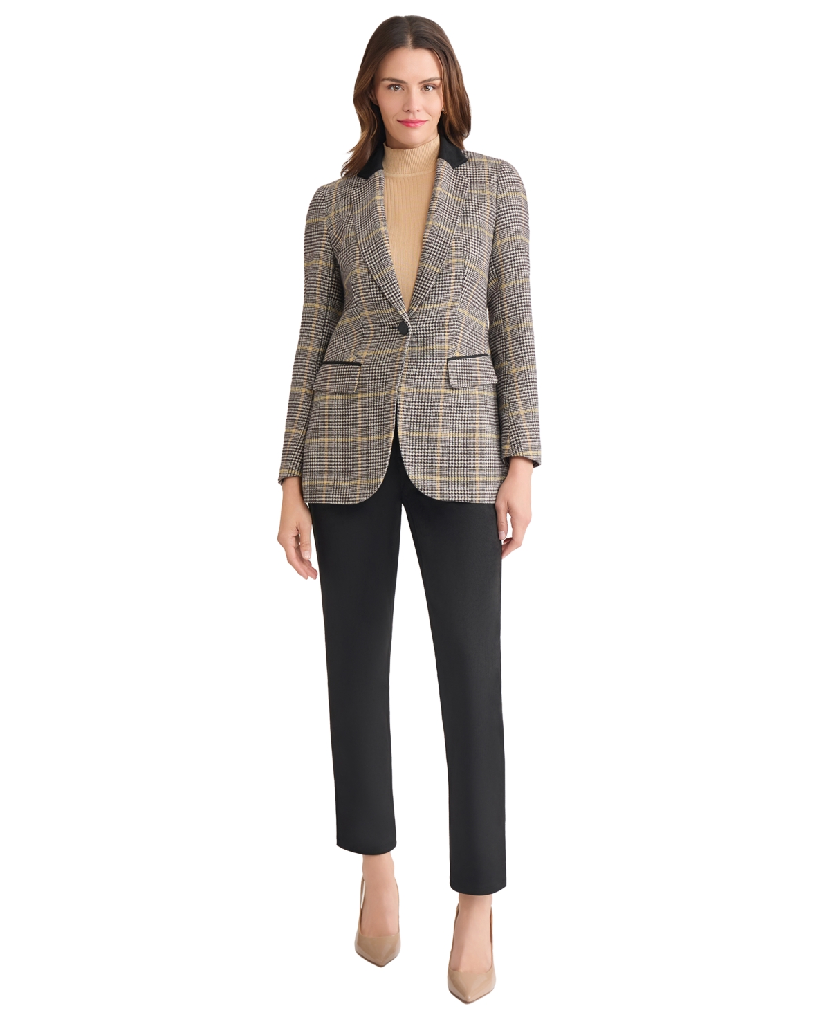 Jones New York Plaid Elbow Patch Blazer In Brown