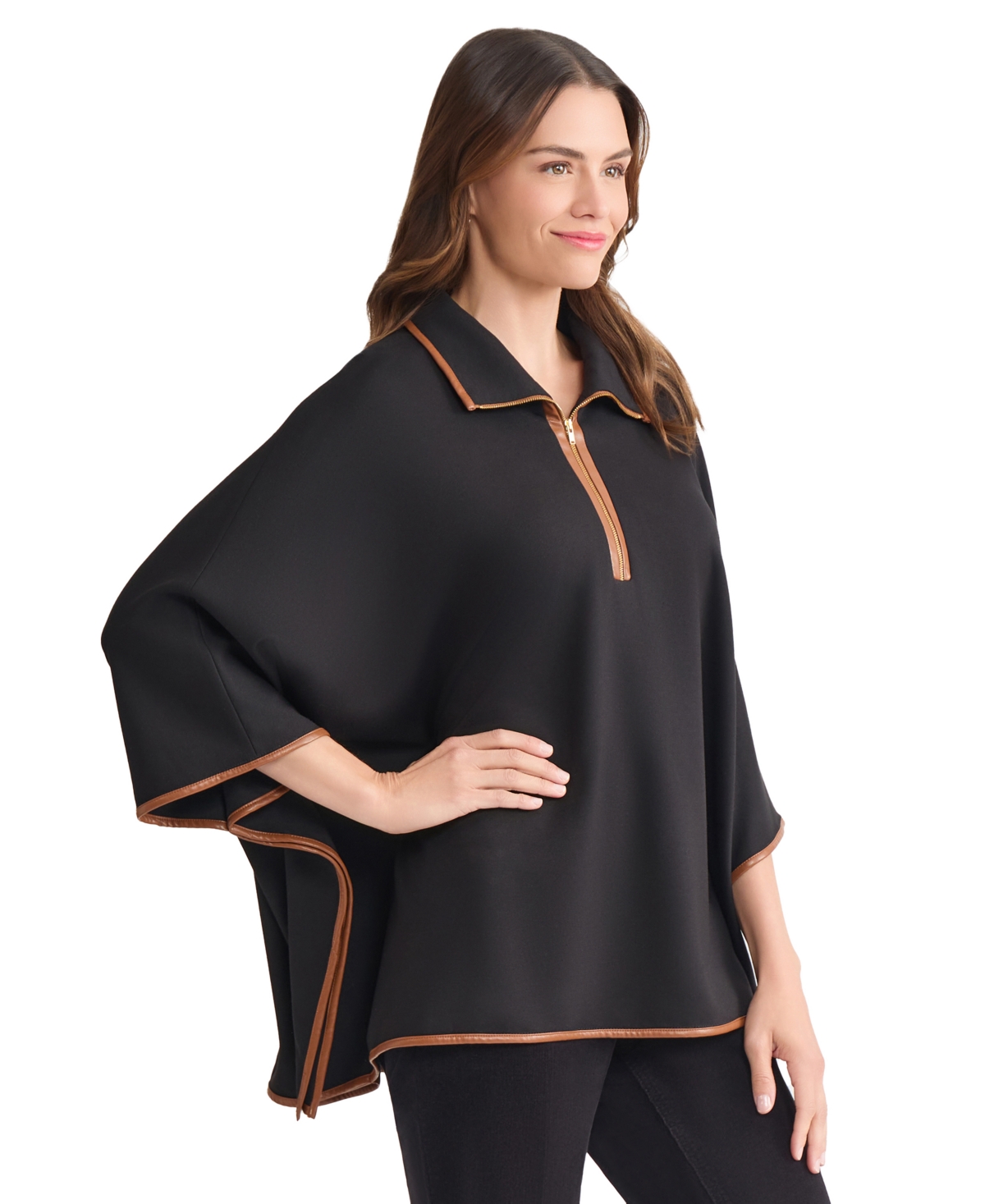 Jones New York Plus Size Faux-leather-trim Quarter-zip Poncho In Black