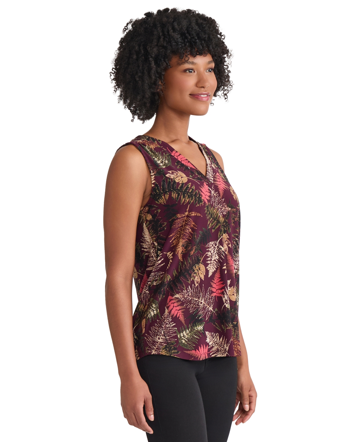 Jones New York Pleated V-neck Shell Top In Burgundy