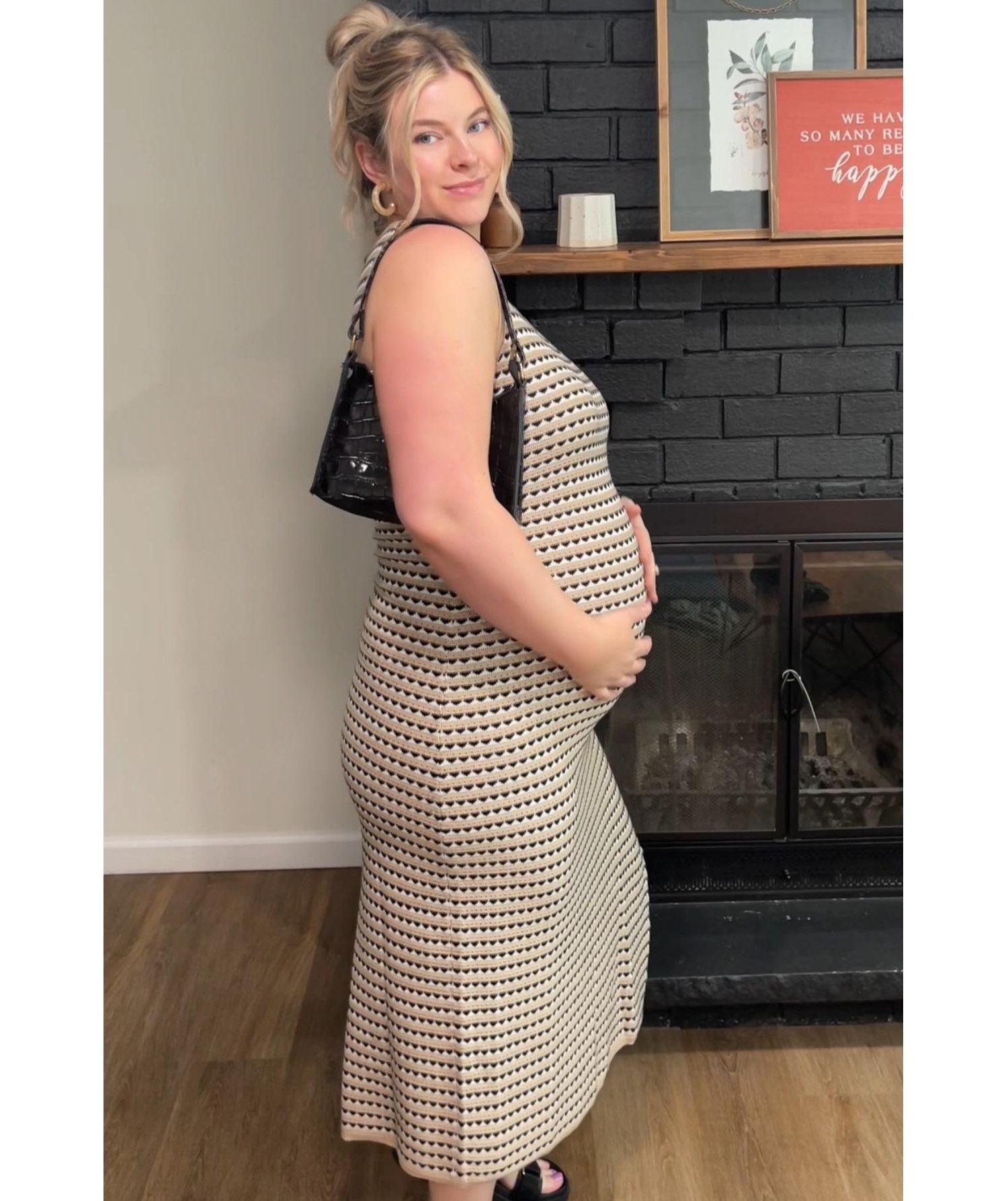 Women's Beige Striped Knit Fitted Sleeveless Maxi Dress