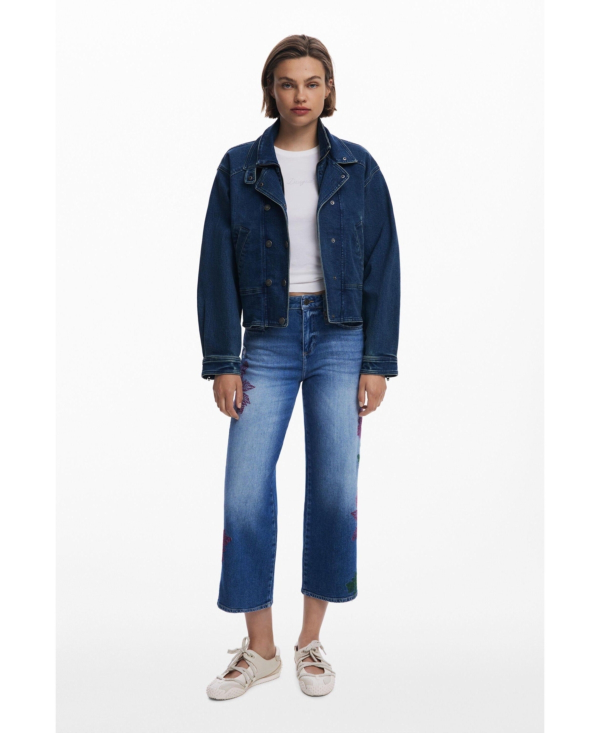 Desigual Leaf Embroidered Crop Wide Leg Jeans In Blue