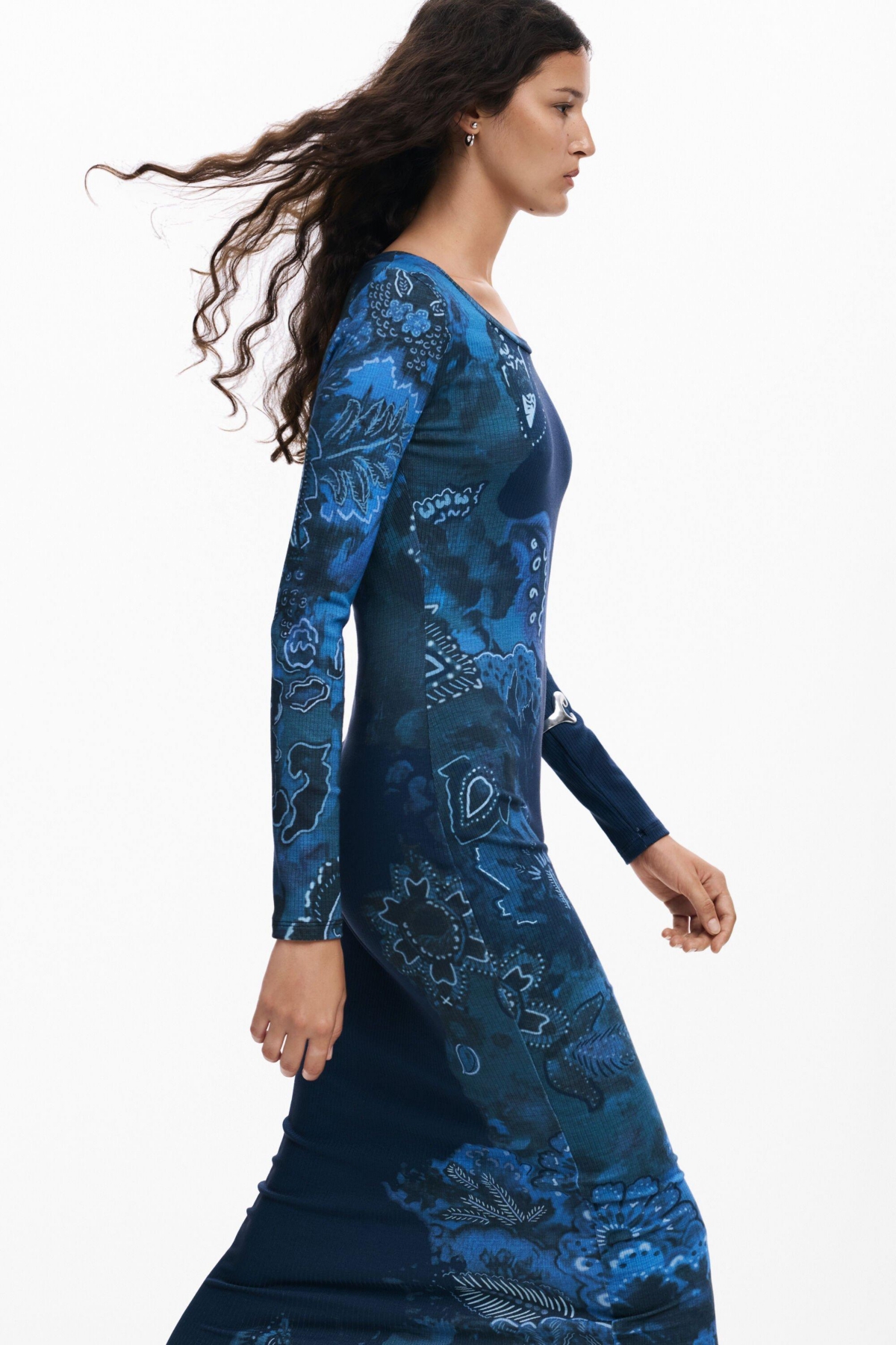 Desigual Floral Print Long Sleeve Midi Dress In Blue