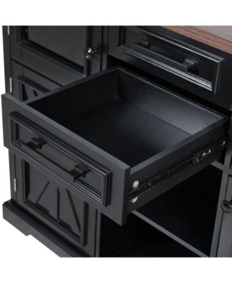 54.9" Kitchen Island with Drop Leaf, Power Outlet, Storage Cart with Glass & Barn Doors, 4 Shelves&Wheels (No Stools)