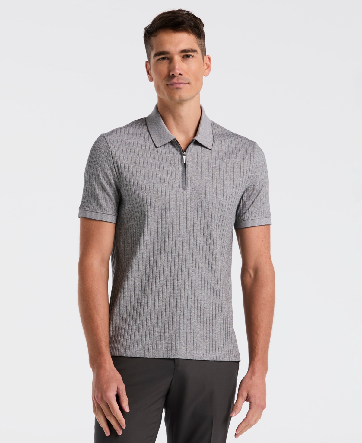 Men's Slim-Fit Ribbed Zip Polo Shirt - Island Fossil Heather