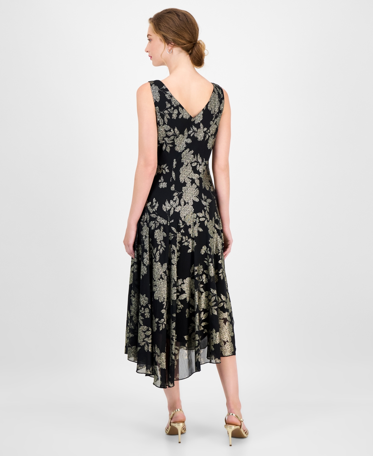 Connected Women's Foil Chiffon Asymmetric-hem Dress In Black