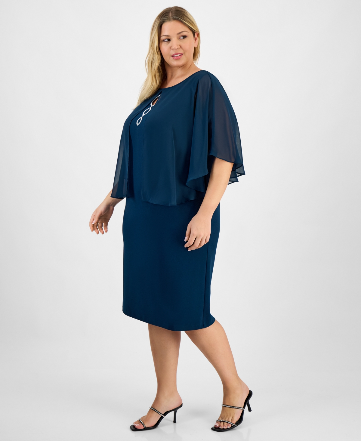 Connected Plus Size Cape Overlay Dress In Green