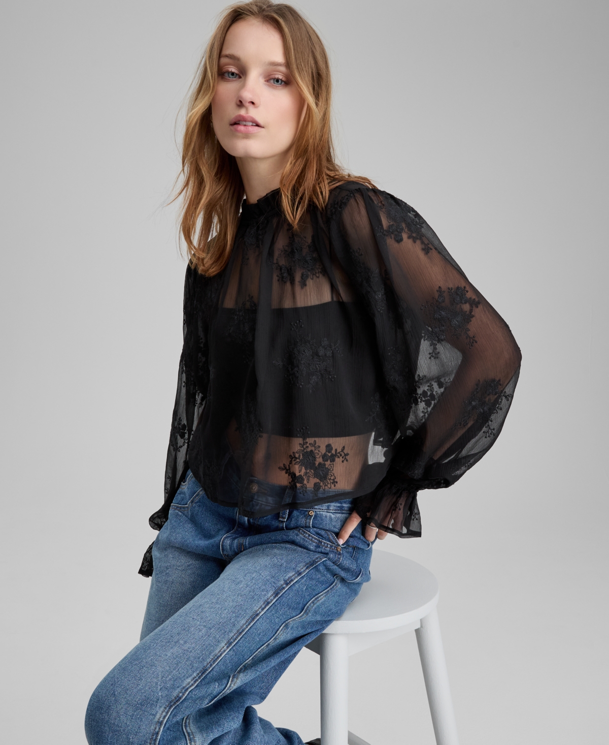 And Now This Women's Embroidered Sheer High-neck Blouse, Macy's Exclusive In Black