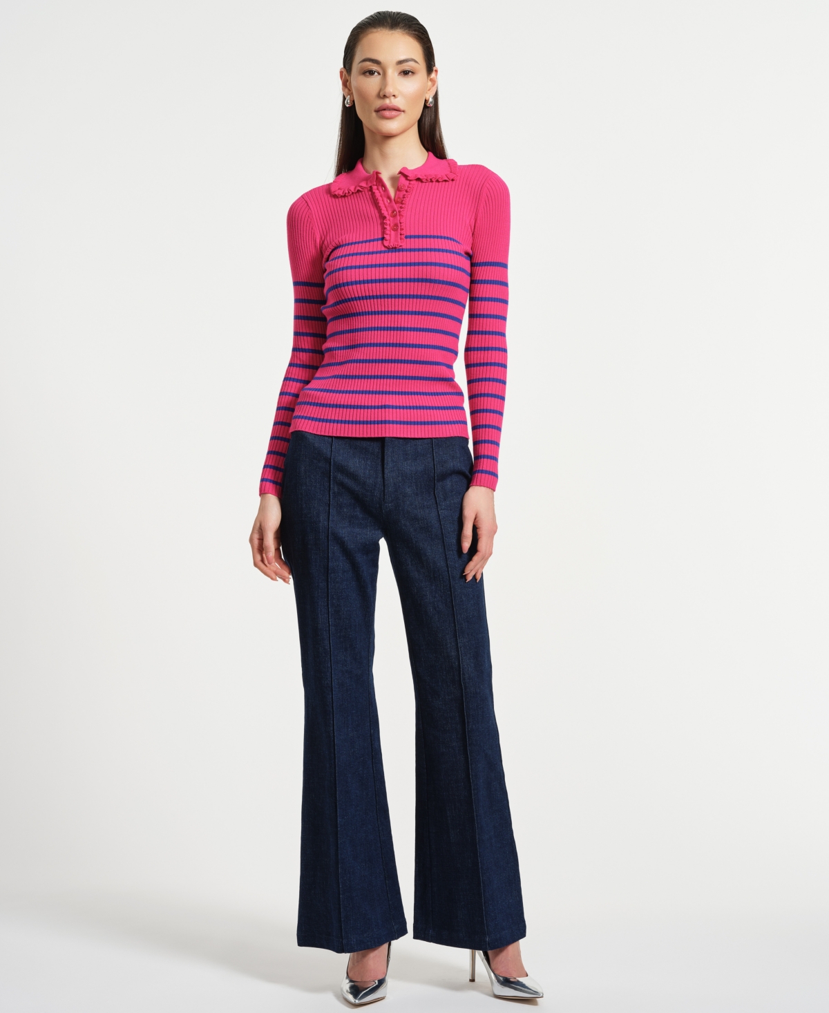 Isaac Mizrahi Women's Ruffle Neck Henley Sweater