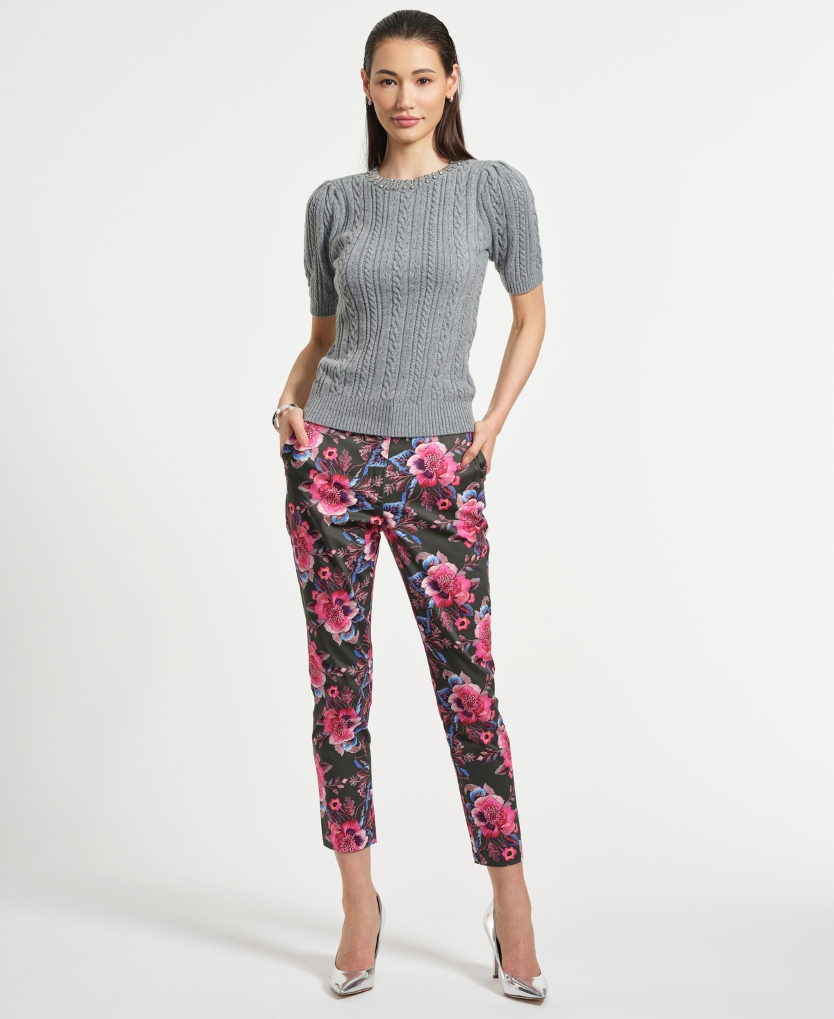 Isaac Mizrahi Women's Jewel Crewneck Short Sleeve Cable Sweater In Gray