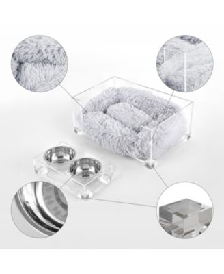 Billie 24" x 15.75" Small Modern Acrylic Calming Fluffy Pet Bed with Washable Cushion and 4" Elevated Pet Feeder with 27 oz 2-Stainless Steel Bowls, Light Gray/Clear (Set of 2)