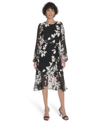 Tommy Hilfiger - Petite Long-Sleeve Chiffon Combo Midi Dress