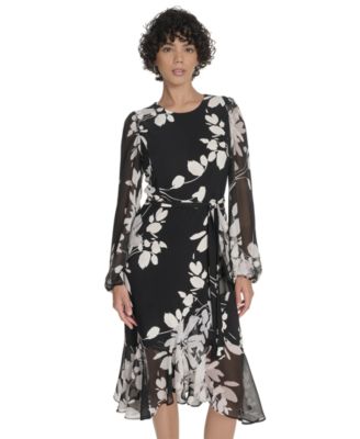 Petite Long-Sleeve Chiffon Combo Midi Dress